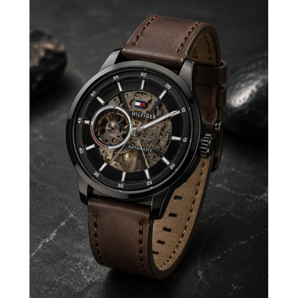 TOMMY HILFIGE AUTOMATIC SKELETON LEATHER BROWN BLACK 842