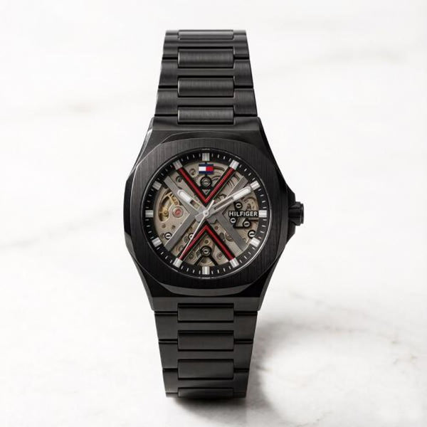 Tommmy Hilfige_r Skeleton Automatic Full Black-Red