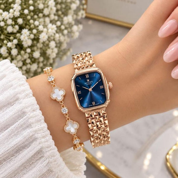 Roleex Women Vintage Square Rosegold Blue