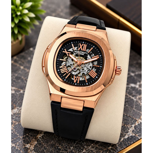 PATEK PHILIPE AUTOMATIC LEATHER BELT BLACK COPPER BLACK AT288