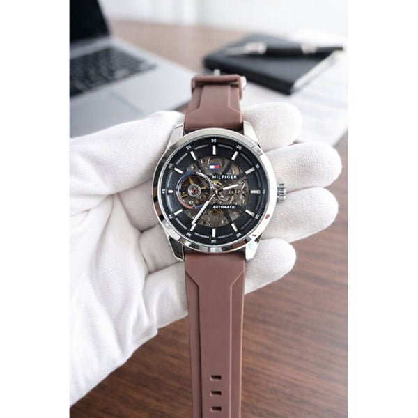 Tommyy Hilfiger Automatic Silicon Belt Brown Silver Black 145