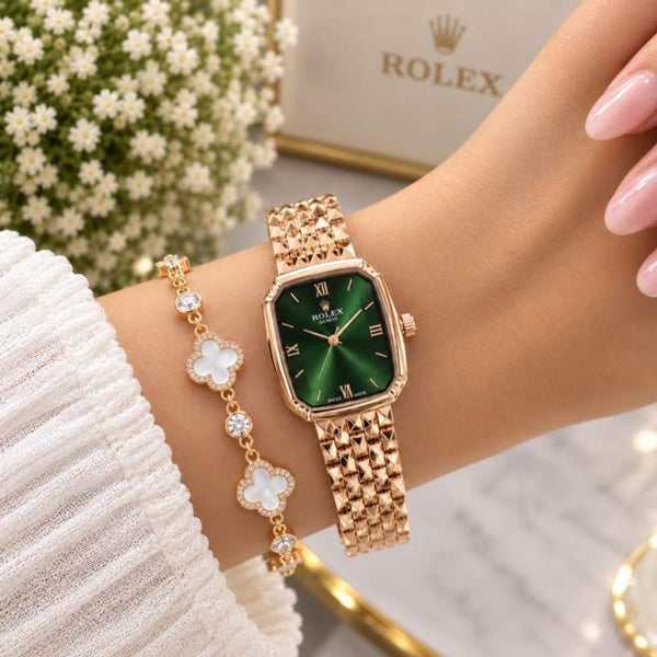 Roleex Women Vintage Square Rosegold Green