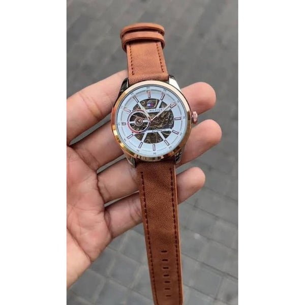 TOMMY HILFIGE AUTOMATIC SKELETON LEATHER LIGHT BR WHITE 846
