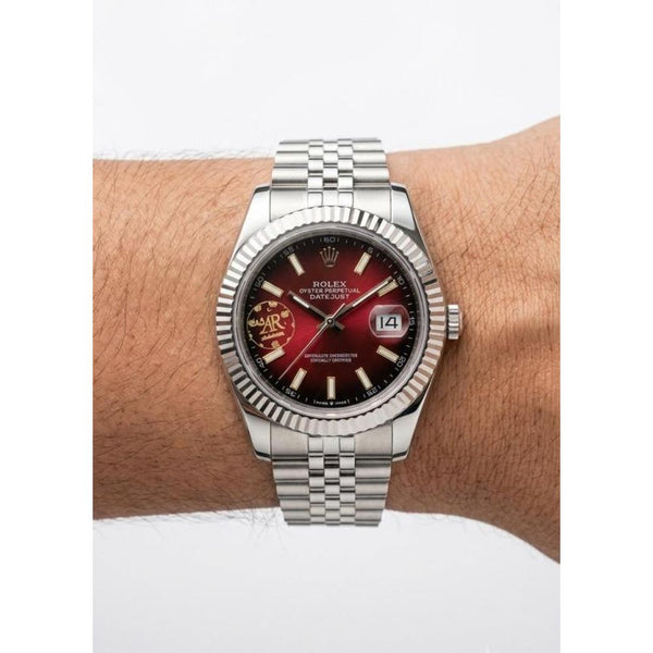 Roleex Date Just Japan Silver Red Sunburst Dial