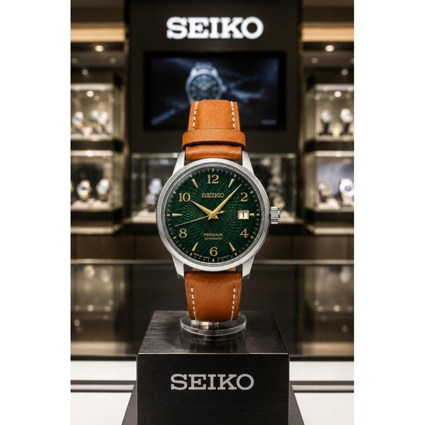 Seiko Presage Cocktail Time Old Clock Brown Leather Strap Green Dial (202)