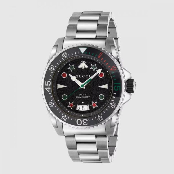 Guccci Dive Stainless Bee Japan Silver Black Dial (411)