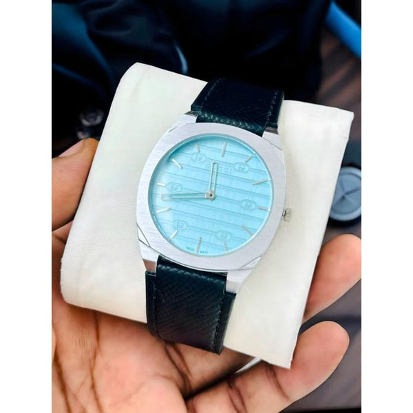 Guccci 25H Black Leather Strap Silver Turquoise Blue Dial (127)