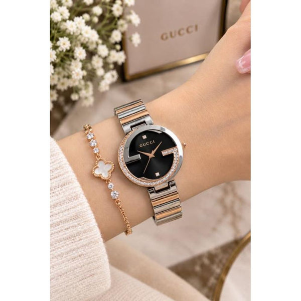 Guccci Women Diamond Two Tone Black Dial Heavy Quality