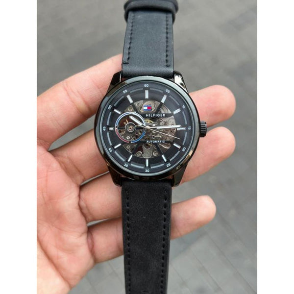 TOMMY HILFIGE AUTOMATIC SKELETON LEATHER BLACK 845