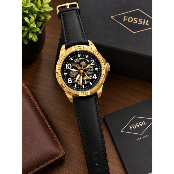 Fosil Automatic Gold Black Lether