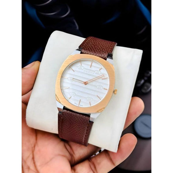 Guccci 25H Brown Leather Strap Two Tone White Dial (127)
