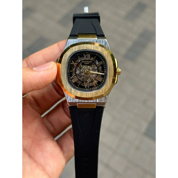 Patek Phillip e Nautilus Skeleton Silicone Gold Two Tone Black