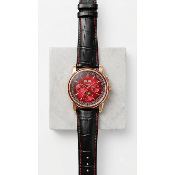 Patek Philipe Grand Complications Style Red Dial Rose Gold Toned And Black Leather Strap (182)