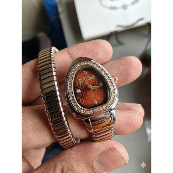 JUST CAVALLI SNAKE WATCH SINGLE RING ANALOGE WATCH TWO TONE GOLD BROWN 206