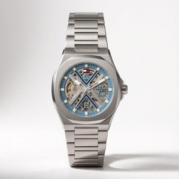 Tommmy Hilfige_r Skeleton Automatic Silver-Sky Blue
