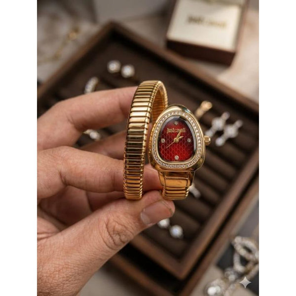 JUST CAVALLI SNAKE WATCH SINGLE RING ANALOGE WATCH GOLD RED 201