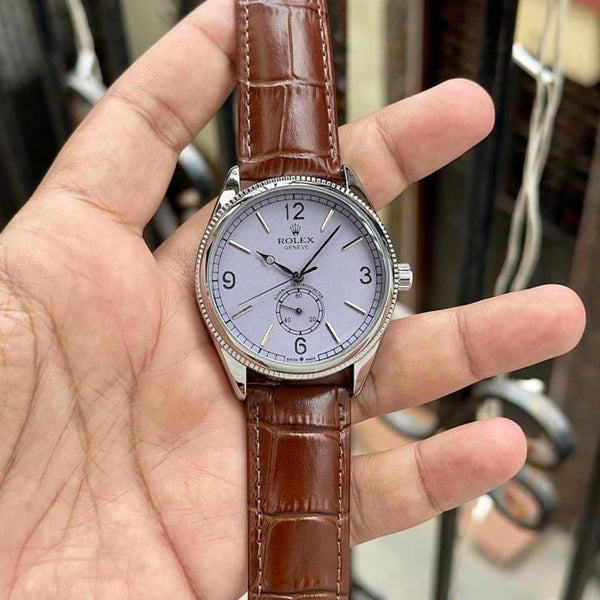Rollex Perpetual 1908 Brown Leather Strap Ice Blue Dial