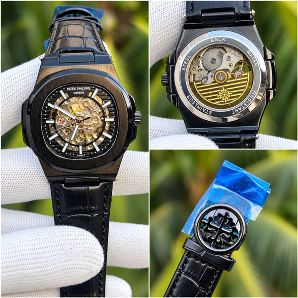 PATEK PHILIPE AUTOMATIC LEATHER BELT FULL BLACK AT288