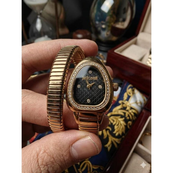 JUST CAVALLI SNAKE WATCH SINGLE RING ANALOGE WATCH GOLD BLACK 200