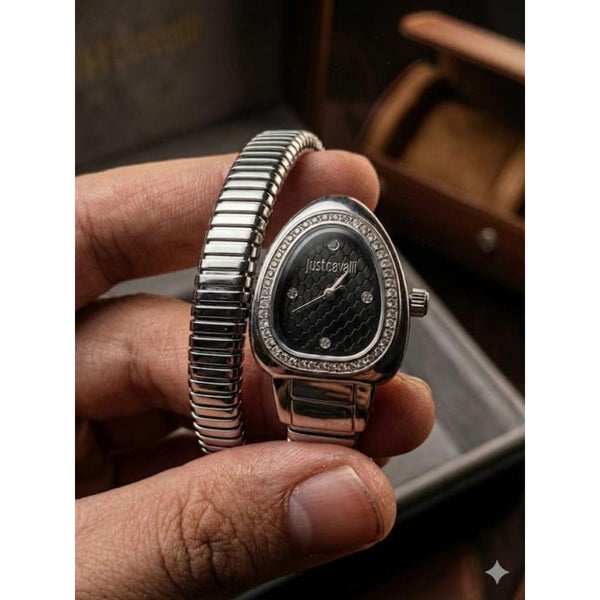 JUST CAVALLI SNAKE WATCH SINGLE RING ANALOGE WATCH SILVER BLACK 198
