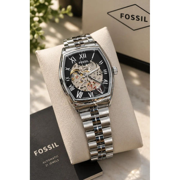 Fossi_l Tonneau Skeleton Automatic Silver Black