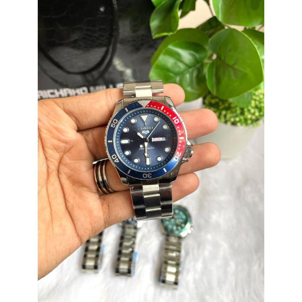 Seiko 5 Sports Day Date Open Back Silver Red Blue AT458