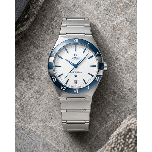 Omegha Constellation 41 mm Meteorite Watch silver white blue plan