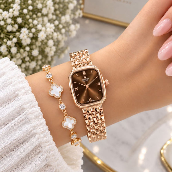 Roleex Women Vintage Square Rosegold Brown