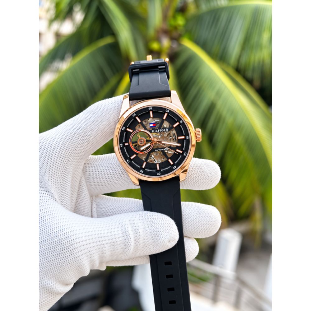 Tommy Hilfigar Automatic Silicon Belt Black Copper Black AT145