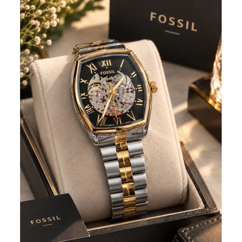 Fossi_l Tonneau Skeleton Automatic Gold Two Tone Black
