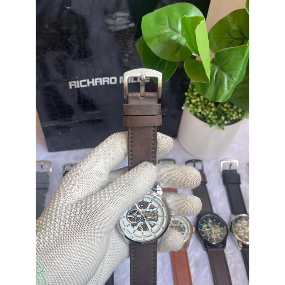 Tommyy  Hilfiger Automatic Leather Belt Brown White Dial AT143