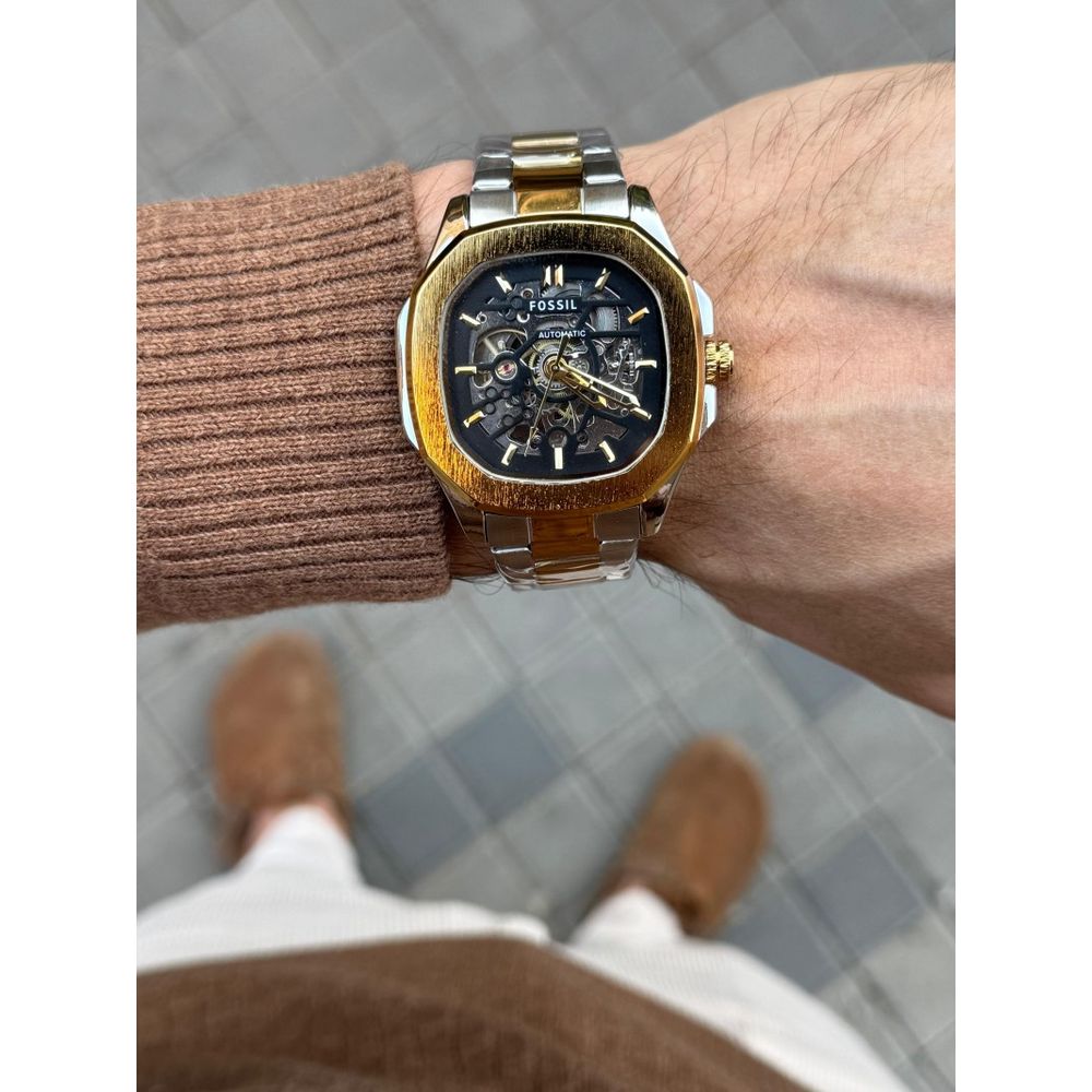 Fossi l Skeleton Square Automatic Gold Two Tone Black Dial