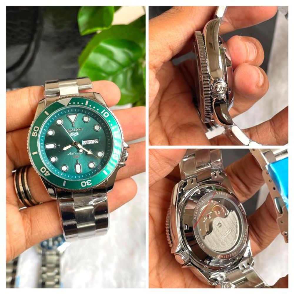 Seiko 5 Sports Day Date Open Back Silver Green AT458