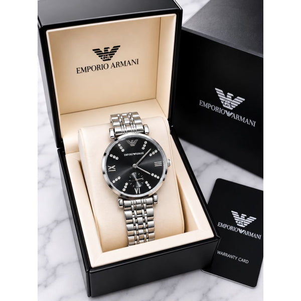 EMPORIO ArrWa%! WOMEN SILVER BLACK B DIAL AT347