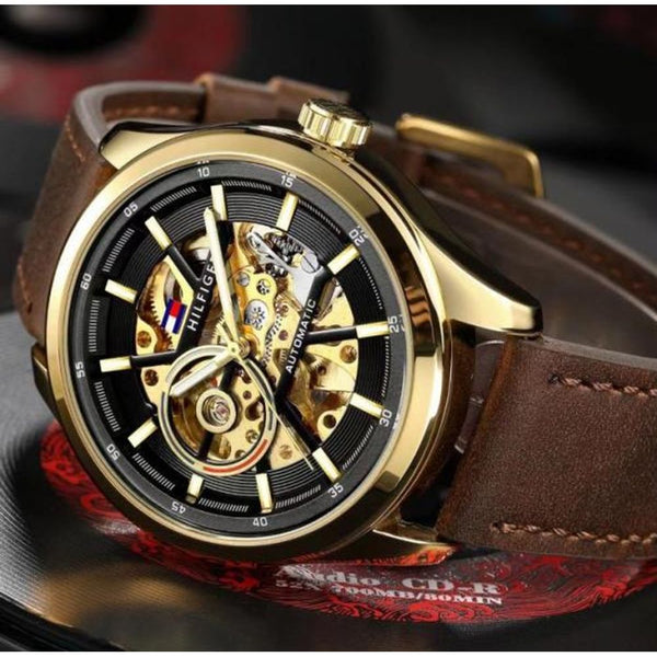 TOMMY HILFIGE AUTOMATIC SKELETON LEATHER BROWN GOLD  BLACK 847