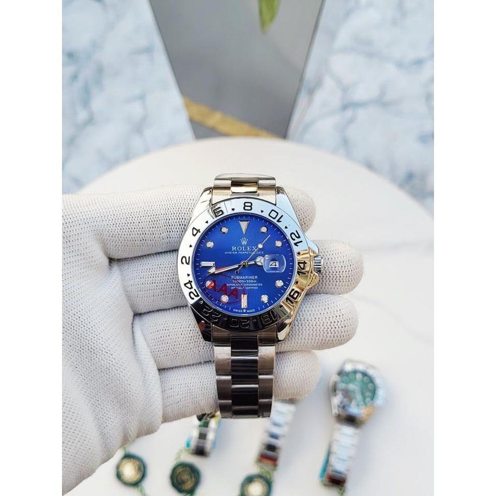 Rollex Explorer Open Back Silver Blue Dial  AT383