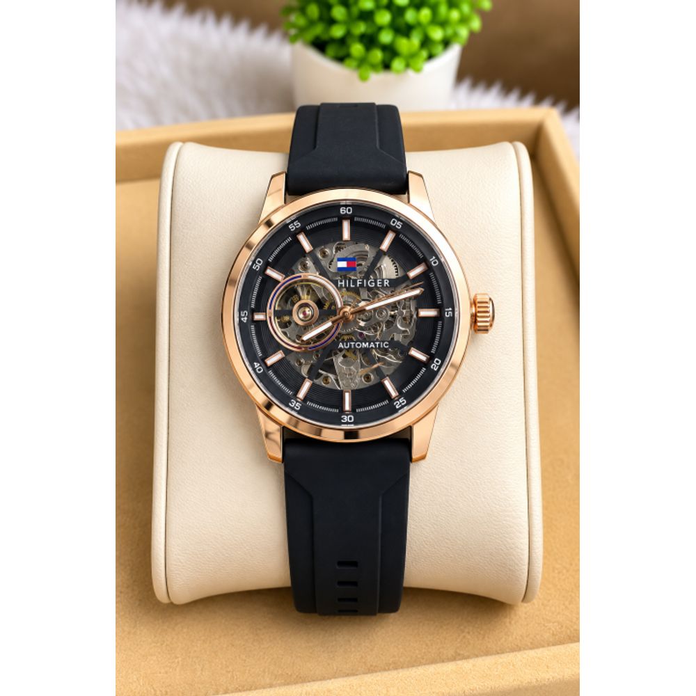 Tommy Hilfigar Automatic Silicon Belt Black Copper Black AT145