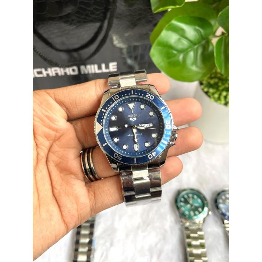 Seiko 5 Sports Day Date Open Back Silver Blue AT458