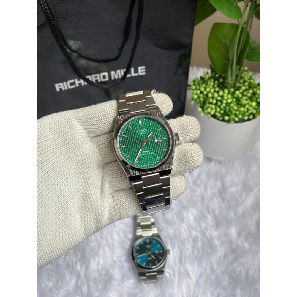 TISOT PRX QUARTZ SILVER GREEN TEXTURE AT104