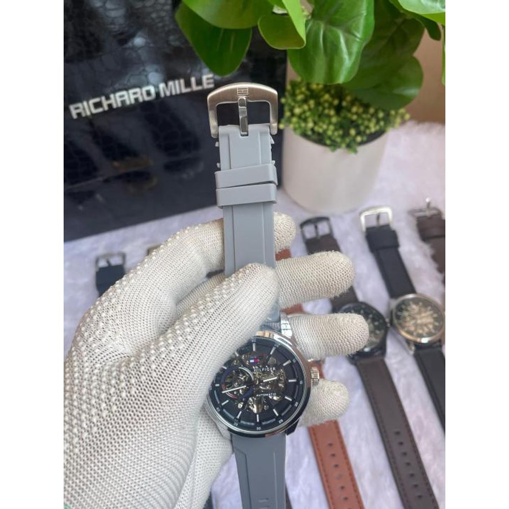 Tommyy  Hilfiger Automatic Silicon Belt Grey Silver Black AT145