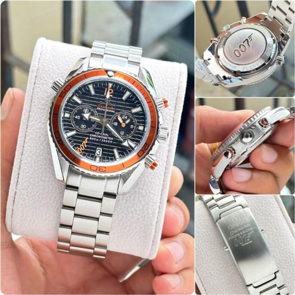 OMEGG_A Seamaster Planet Ocean 600M Co-Axial Chronograph 007 silver Black orange.