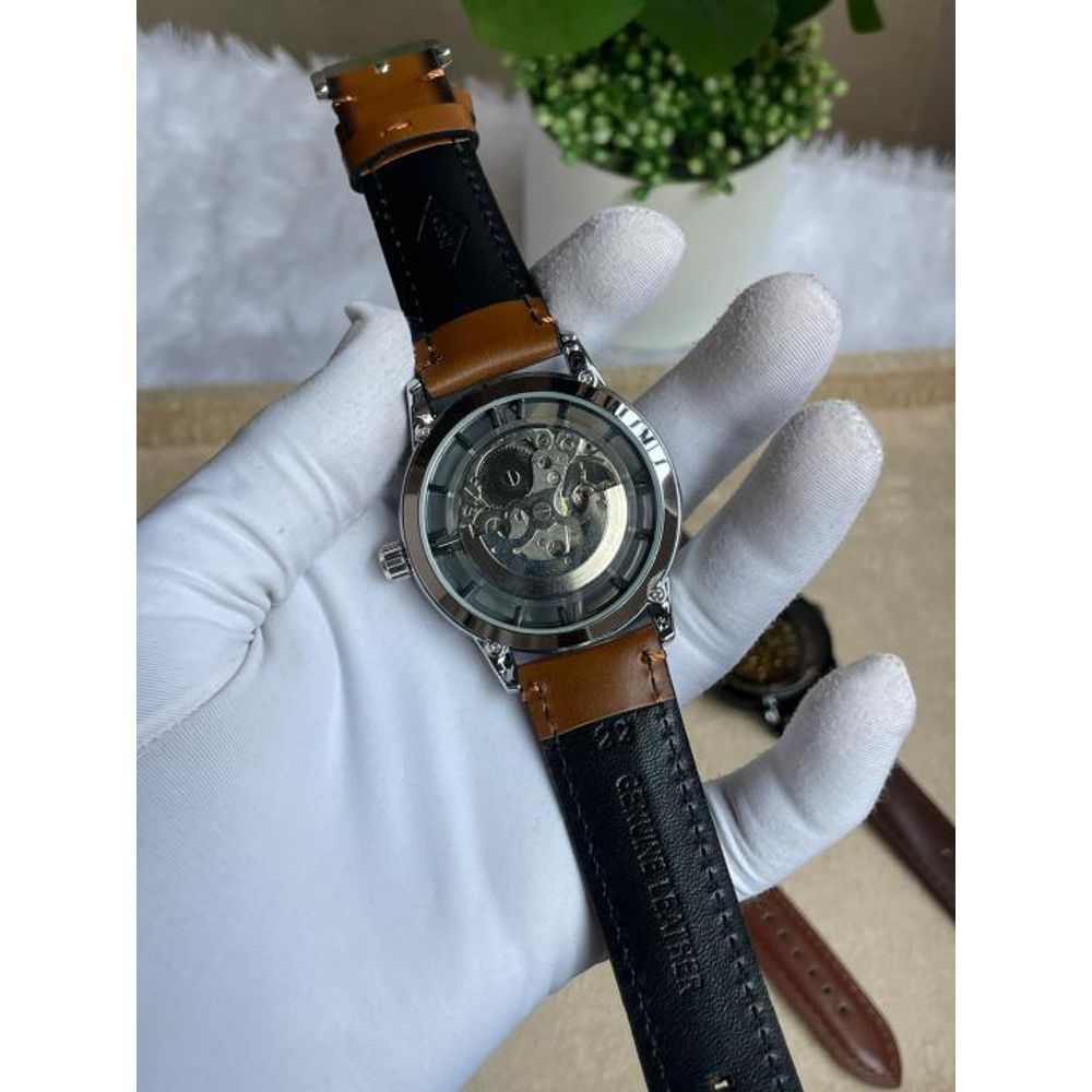 FOSIL TOWNSMAN AUTOMATIC SILVER BROWN LEATHER BELT AT165