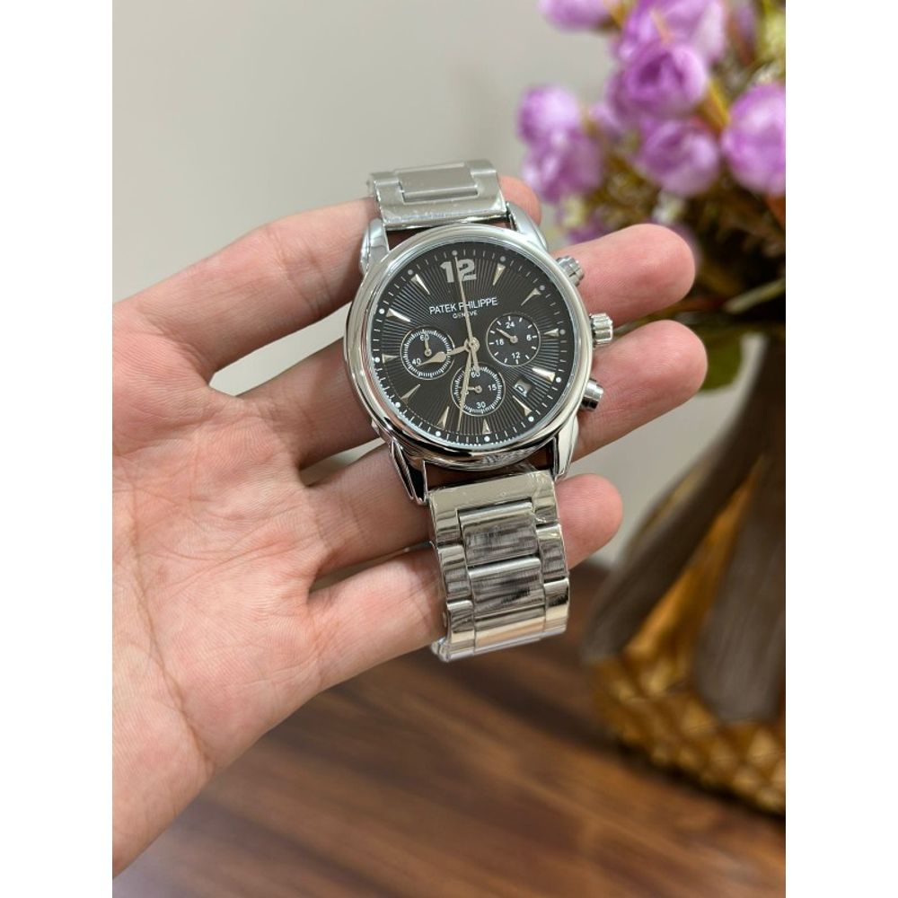 Patek Philipe Silver & Black Dial Chronograph Working