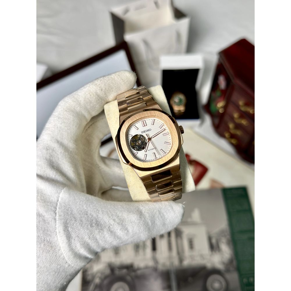 Seiko Nautiko Rose Gold White Open Heart