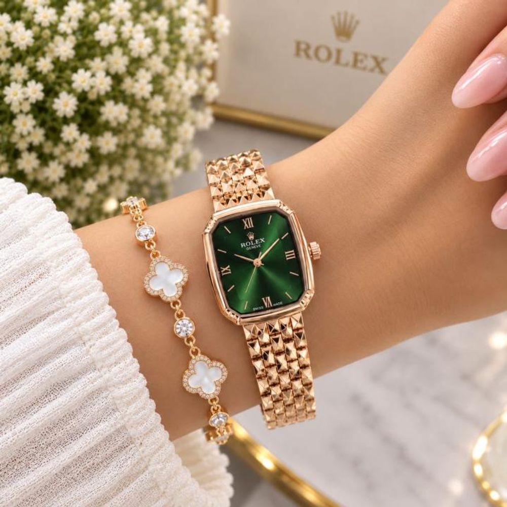 Roleex Women Vintage Square Rosegold Green
