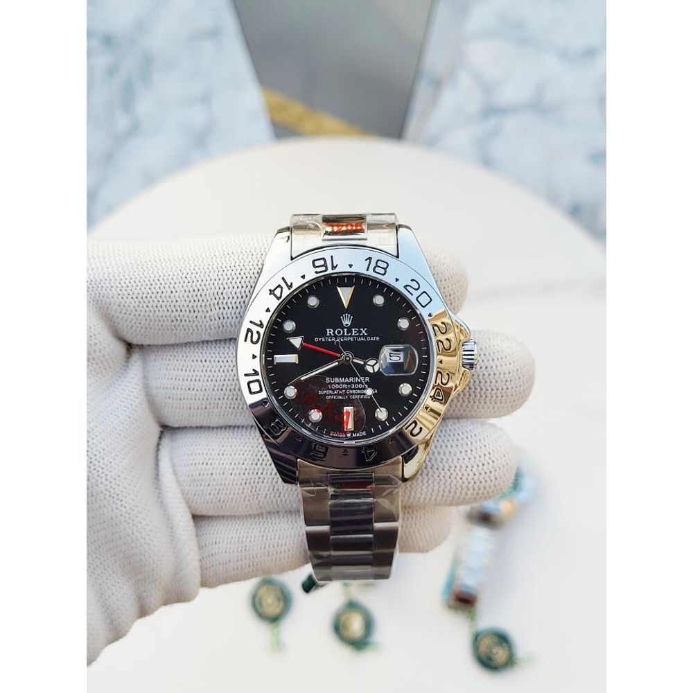 Rollex Explorer Open Back Silver Black Dial  AT383