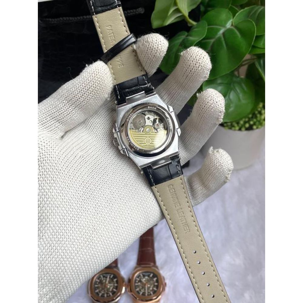 PATEK PHILIPE AUTOMATIC LEATHER BELT BLACK SILVER BLACK AT288