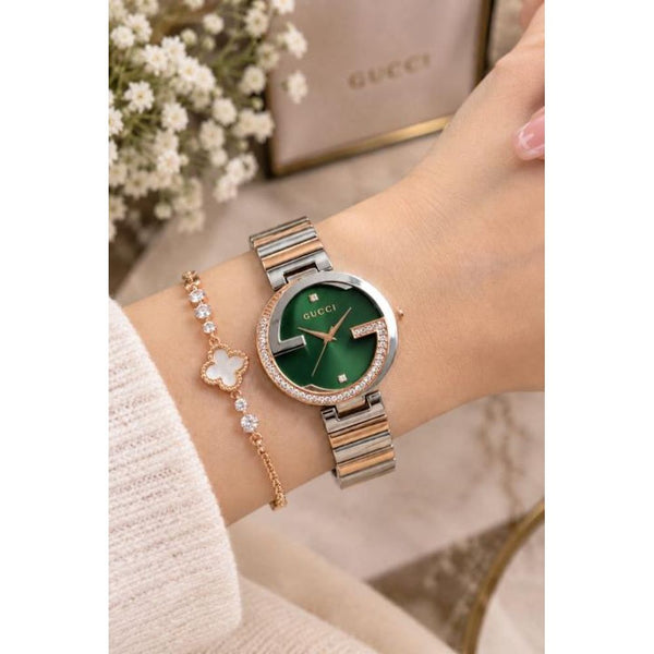 Guccci Women Diamond Two Tone Rosegold Green Dial Heavy Quality