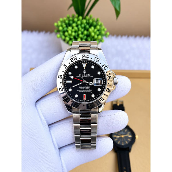 Rollex Explorer Open Back Silver Black Dial  AT383