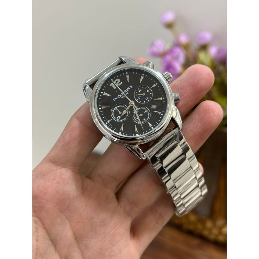 Patek Philipe Silver & Black Dial Chronograph Working